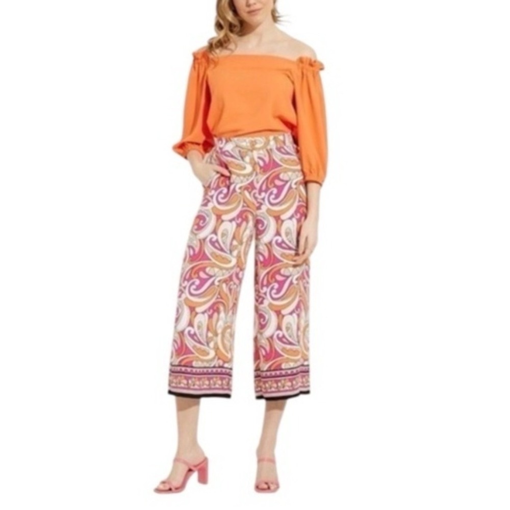 Joseph Ribkoff Pink Orange Paisley Wide Leg Cropped Pants Size 8 Canada Retro